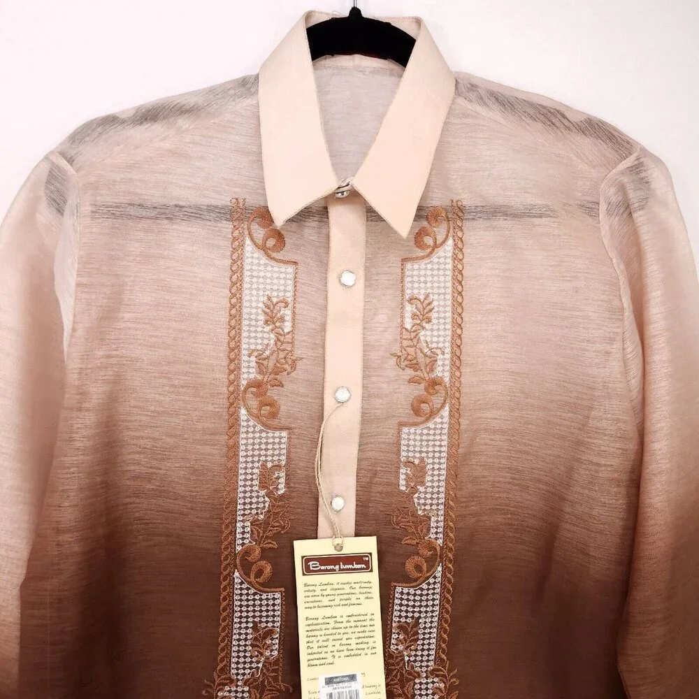 Barong Lumban Button Up Tagalog Shirt Long Sleeve Size Small Embroidered Sheer - Picture 3 of 13